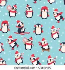 Seamless pattern with cute penguins. Animals pattern. Penguin cartoon on winter background.