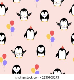 Seamless pattern with cute penguins and balloons on pink background. Template for nursery design, birthday card, invitation, baby shower and party decor. Vector illustration