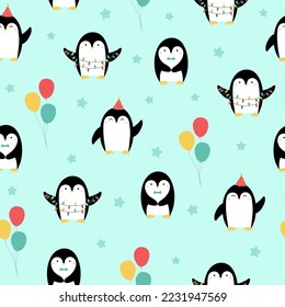 Seamless pattern with cute penguins and balloons on blue background. Template for nursery design, birthday card, invitation, baby shower and party decor.