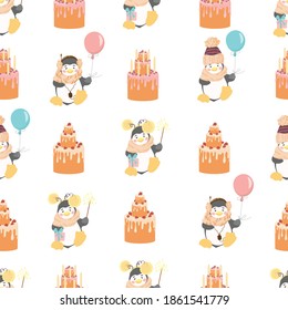 Seamless pattern of cute penguins with birthday cakes in pastel colors. Vector illustration in a flat style.