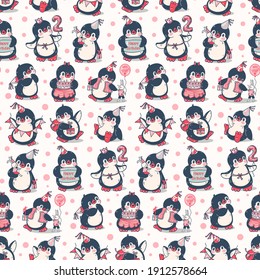 Patrón sin foco con pingüinos lindos.  Cumpleaños. Ilustración dibujada a mano. Vector.