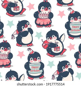 Seamless pattern with cute penguins.  Birthday. Hand-drawn illustration. Vector.