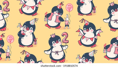 Seamless pattern with cute penguins.  Birthday. Hand-drawn illustration. Vector.