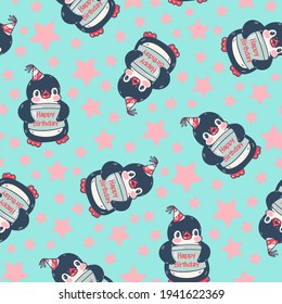 Seamless pattern with cute penguins.  Birthday. Hand-drawn illustration. Vector.