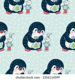 Seamless pattern with cute penguins and Bunnies. Hand-drawn illustration. Vector.