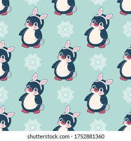 Seamless pattern with cute penguins in a Bunny costume. Hand-drawn illustration. Vector.