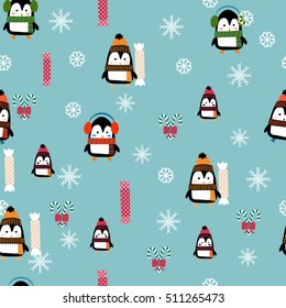 Seamless pattern of cute penguins. Cartoon. Penguins and candy vector illustration. Can be used for printing onto fabric, wrapping paper for web applications