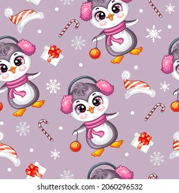 Seamless pattern with cute penguins character, gifts and snowflakes. Winter Christmas concept. Vector illustration isolated on purple background. For design, print, decor, wallpaper,dishes and textile