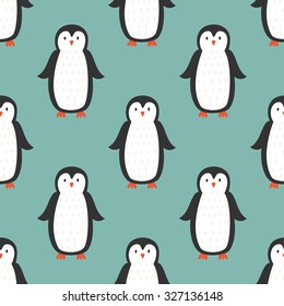 Seamless pattern with cute penguins. Childish vector background with cartoon characters. Winter repeating texture.