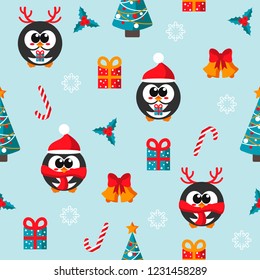 Seamless pattern with cute penguins. Christmas pattern. Penguin cartoon on winter background.