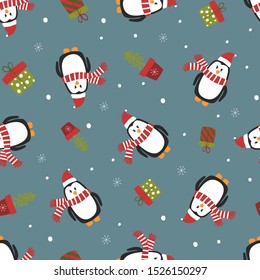 Seamless pattern with cute penguins. Christmas vector print.
