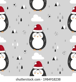 Seamless pattern with cute penguins in a christmas hat for baby print