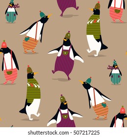 Seamless pattern with cute penguins. Christmas vector background in cartoon.