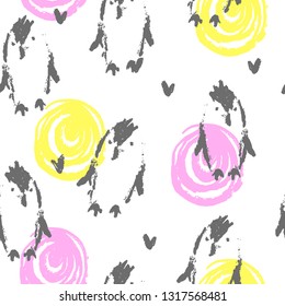 Seamless pattern with cute penguins, circles and hearts. Penguins and hearts handdrawn. Pattern for cards, wrapping paper, children's clothing. Vector.