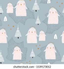 Seamless pattern with cute penguins in crowns and hand drawn elements. Creative winter childish texture. Great for fabric, textile Vector Illustration