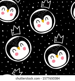 Seamless pattern with cute penguins, crowns, decor elements on a neutral background. Flat colorful vector. Hand drawing for children. animal theme. baby design for fabric, print, textile, wrapper