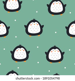 Seamless pattern with cute penguins, decor elements. Colorful vector flat style for kids. hand drawing. baby design for fabric, print, wrapper, textile