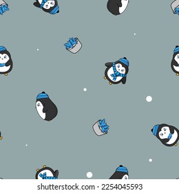 Seamless pattern of cute penguins dressed in a hat and scarf next to a Christmas tree and a bucket of fish hand drawn in flat style