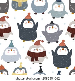 Seamless pattern with cute penguins, décor elements. Colorful vector flat style for kids. hand drawing. baby design for fabric, print, wrapper, textile