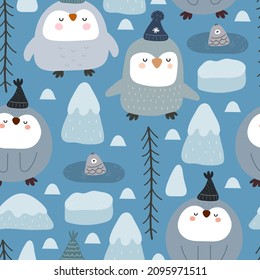 Seamless pattern with cute penguins, décor elements. Colorful vector flat style for kids. hand drawing. baby design for fabric, print, wrapper, textile