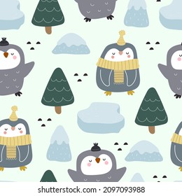 Seamless pattern with cute penguins, décor elements. Colorful vector flat style for kids. hand drawing. baby design for fabric, print, wrapper, textile