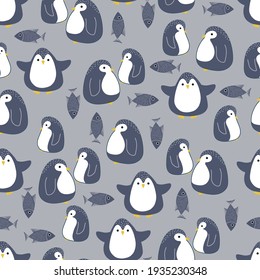 Seamless pattern with cute penguins and fishes. Isolated objects. Vector illustration for fabric, postcards, wallpapers, covers, packaging, wrapping paper.