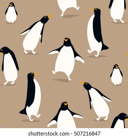 Seamless pattern with cute penguins. Funny vector background in cartoon.