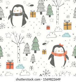 Seamless pattern with cute penguins with gift boxes  in the forest. Hand drawn  vector illustration.