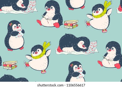 Seamless pattern with cute penguins. Hand-drawn illustration. Vector.
