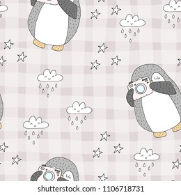 Seamless pattern with cute penguins. Hand-drawn illustration. Vector