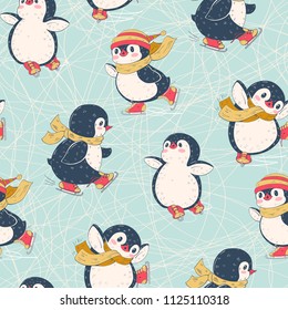 Seamless pattern with cute penguins. Hand-drawn illustration. Vector.