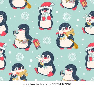 Seamless pattern with cute penguins. Hand-drawn illustration. Vector.