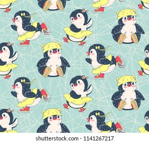 Seamless pattern with cute penguins. Hand-drawn illustration. Vector.