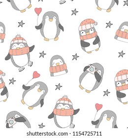 Seamless pattern with cute penguins. Hand-drawn illustration. Vector.