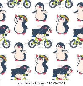 Seamless pattern with cute penguins. Hand-drawn illustration. Vector.