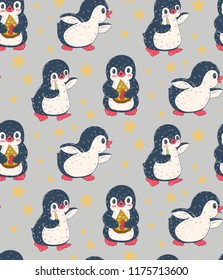 Seamless pattern with cute penguins. Hand-drawn illustration. Vector.
