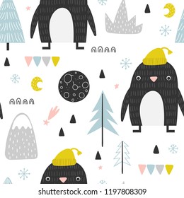 Seamless pattern with cute penguins and hand-drawn elements on white background. Great for fabric, textile. Vector Illustration for kids.