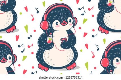 Seamless pattern with cute penguins. Hand-drawn illustration. Vector.