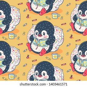 Seamless pattern with cute penguins. Hand-drawn illustration. Vector.