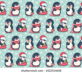 Seamless pattern with cute penguins. Hand-drawn illustration. Vector.