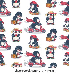 Seamless pattern with cute penguins. Hand-drawn illustration. Vector.