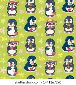 Seamless pattern with cute penguins. Hand-drawn illustration. Vector.