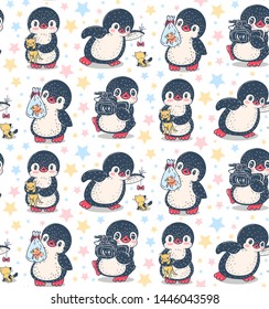 Seamless pattern with cute penguins. Hand-drawn illustration. Vector.