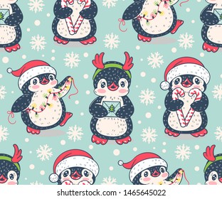 Seamless pattern with cute penguins. Hand-drawn illustration. Vector.