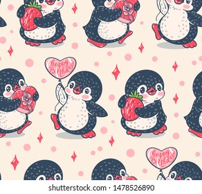 Seamless pattern with cute penguins. Hand-drawn illustration. Vector.