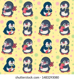 Seamless pattern with cute penguins. Hand-drawn illustration. Vector.
