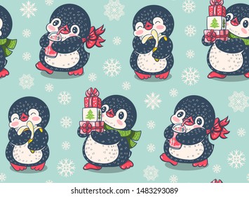 Seamless pattern with cute penguins. Hand-drawn illustration. Vector.