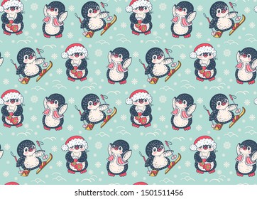 Seamless pattern with cute penguins. Hand-drawn illustration. Vector.