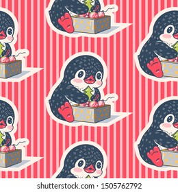Seamless pattern with cute penguins. Hand-drawn illustration. Vector.