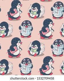 Seamless pattern with cute penguins. Hand-drawn illustration. Vector.